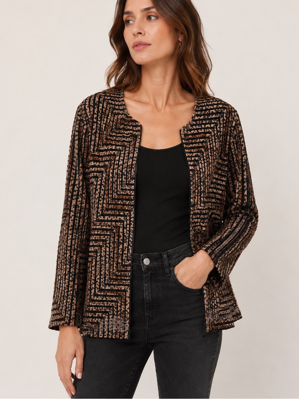 Chicos Lightweight Tan Black Animal Print Abstract Artsy Sheer Zip Blazer Jacket